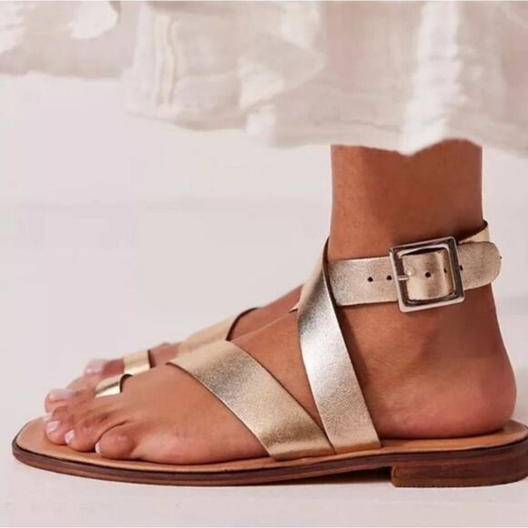 NWOB Free People Collection Romeo Square Toe Leather Wrap Sandal in Platino 36 - Picture 2 of 16